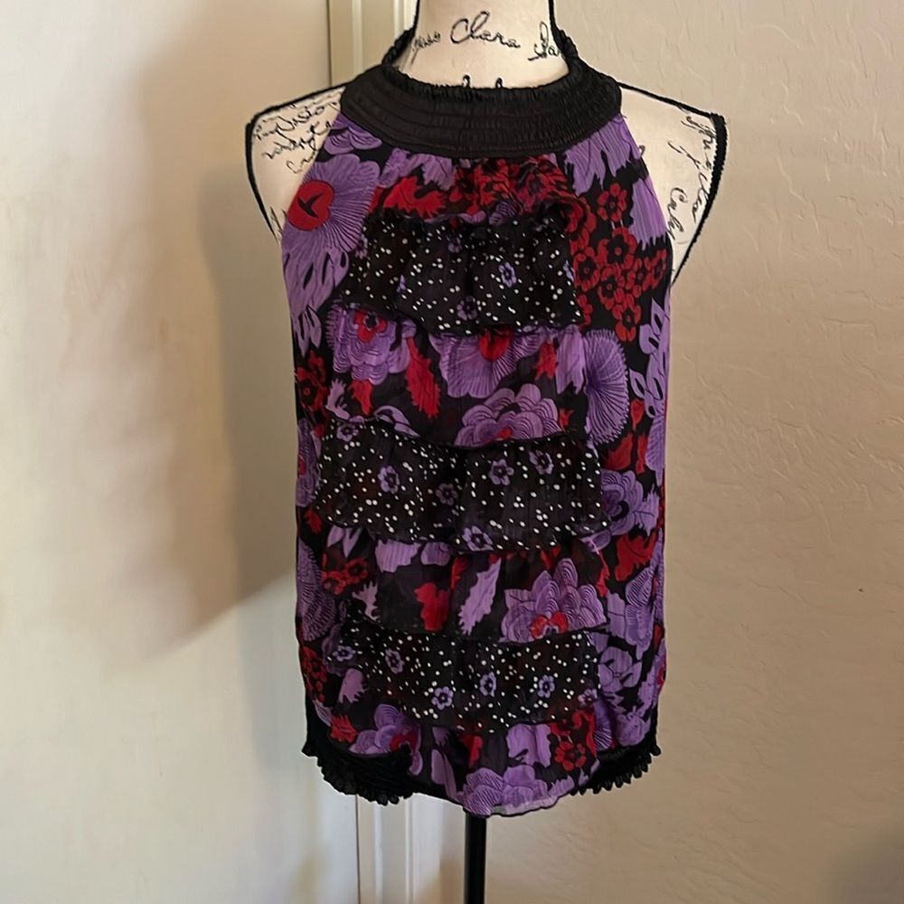 Y2K 2b Bebe Multi Color Print Ruffle Design Halter Top Floral 2000’s Polka Dot